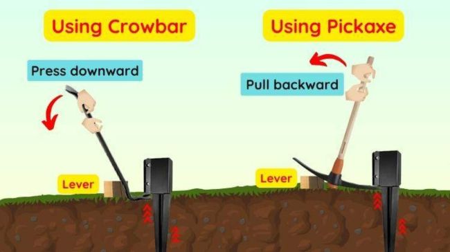 remove fence post spikes using crowbar or pickaxe